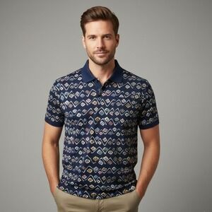 Bruno‎ Piattelli Mens L Navy Blue Geometric Pattern Short Sleeve Polo Shirt